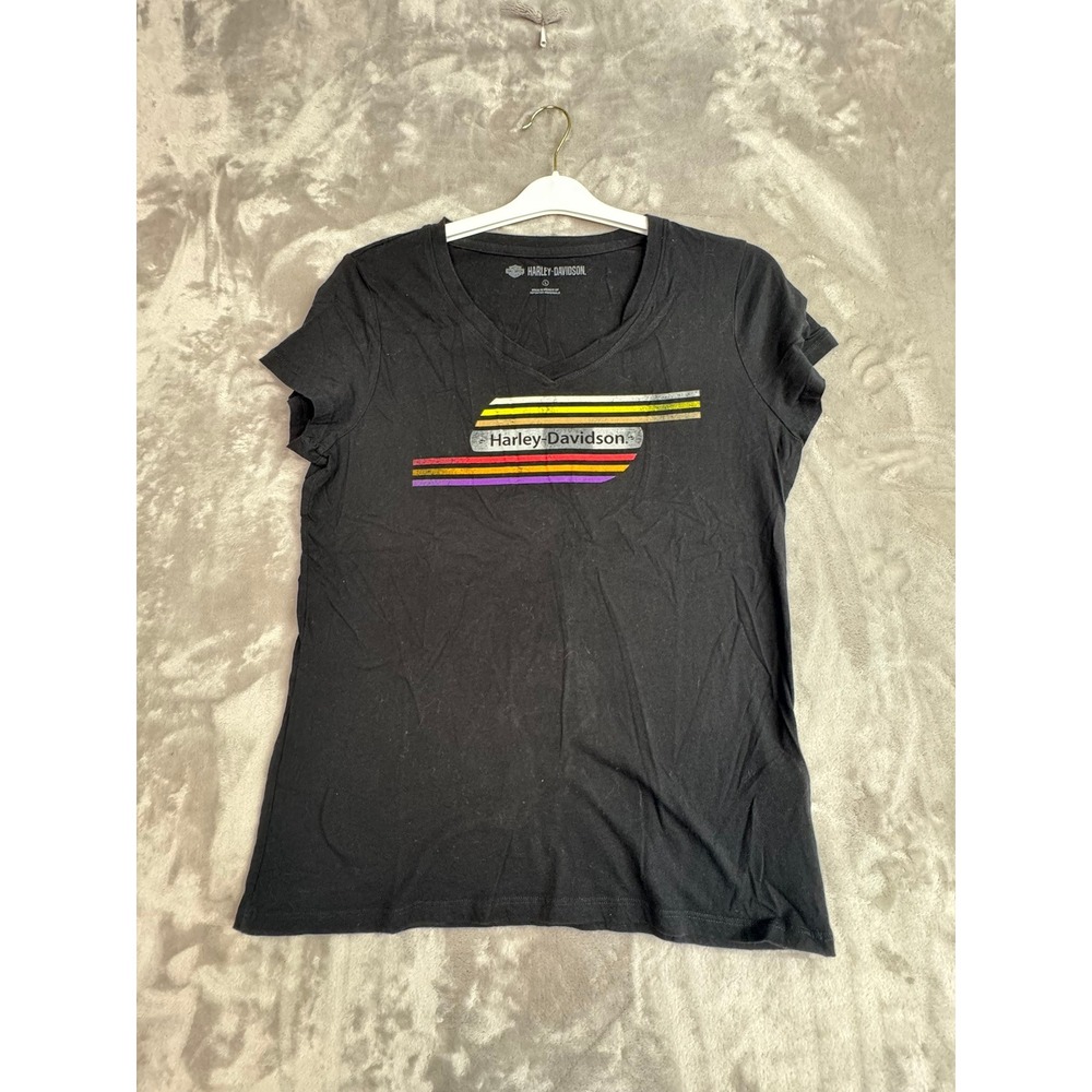 Harley Davidson Womens Black V Neck Graphic T Shirt Tee Top‎ Size L